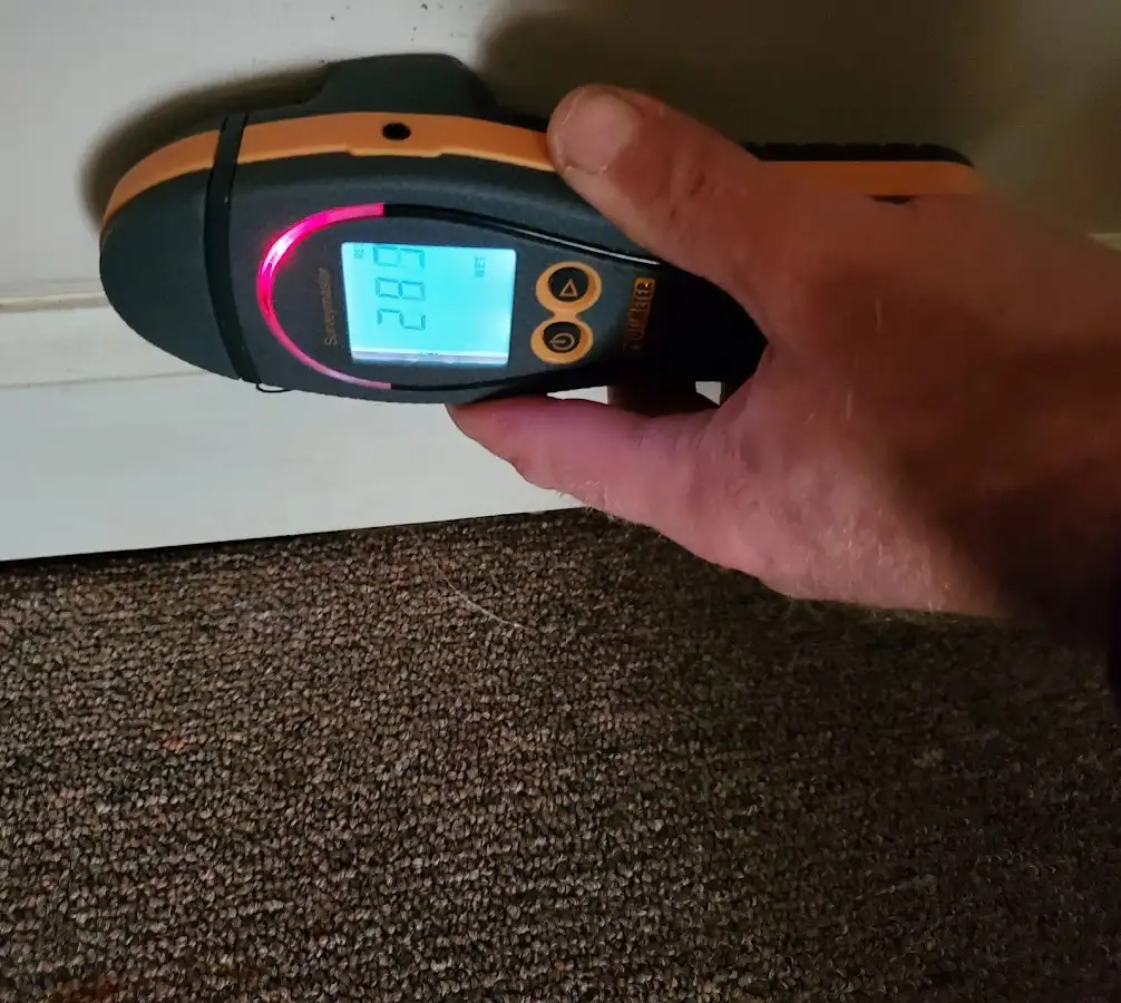 Moisture detection at baseboard during Storm Damage Restoration in Evansville